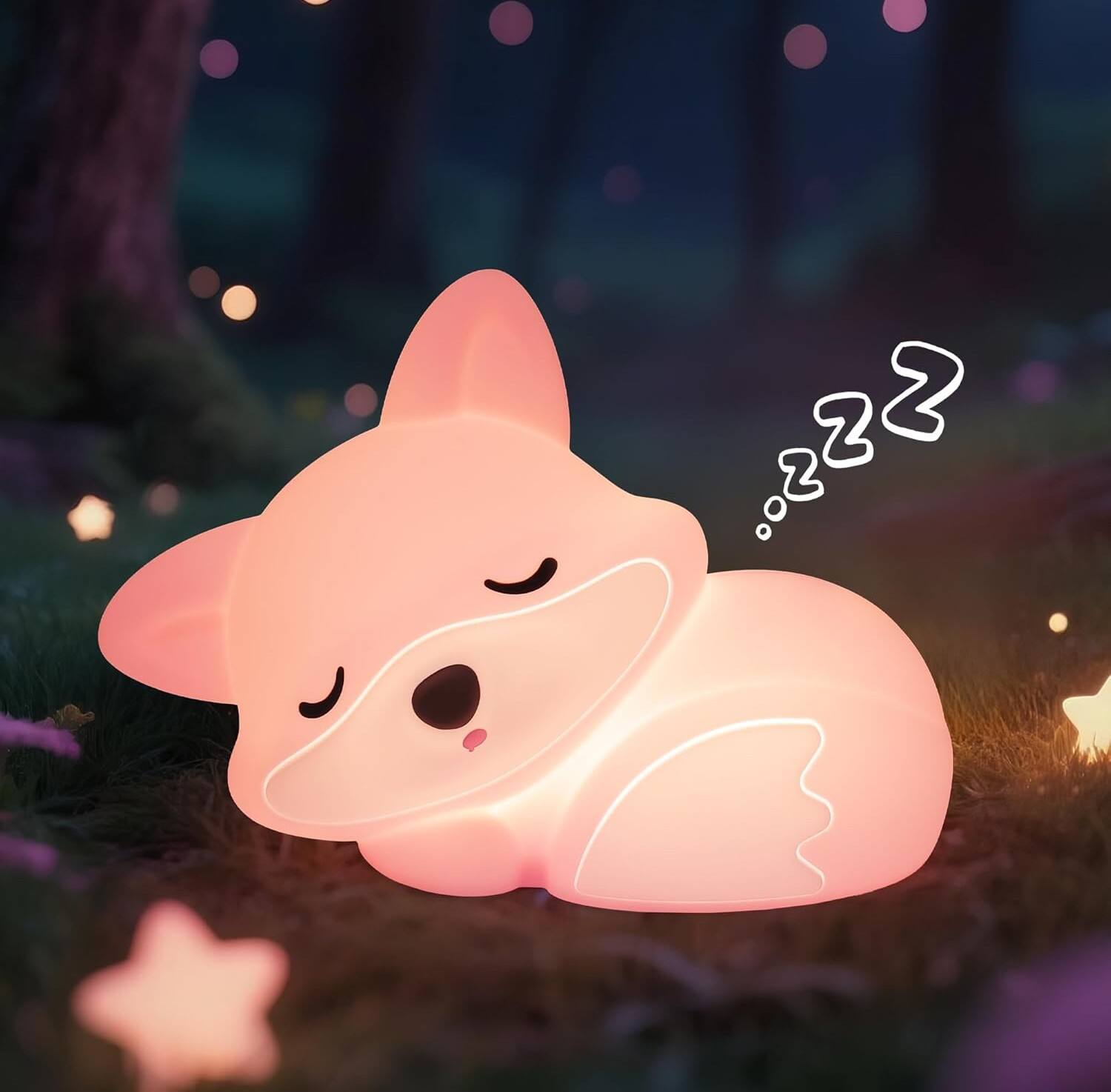 Alt View 3. FINEAK - Adorable Fox Silicone Night Light-Dimmable, Rechargeable, for Kids & Nursery - Pink fox.