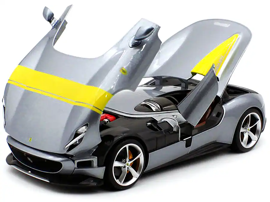 Alt View 2. Bburago - Ferrari Monza SP1 Silver Metallic with Yellow Stripes 1/18 Diecast Model Car by Bburago.
