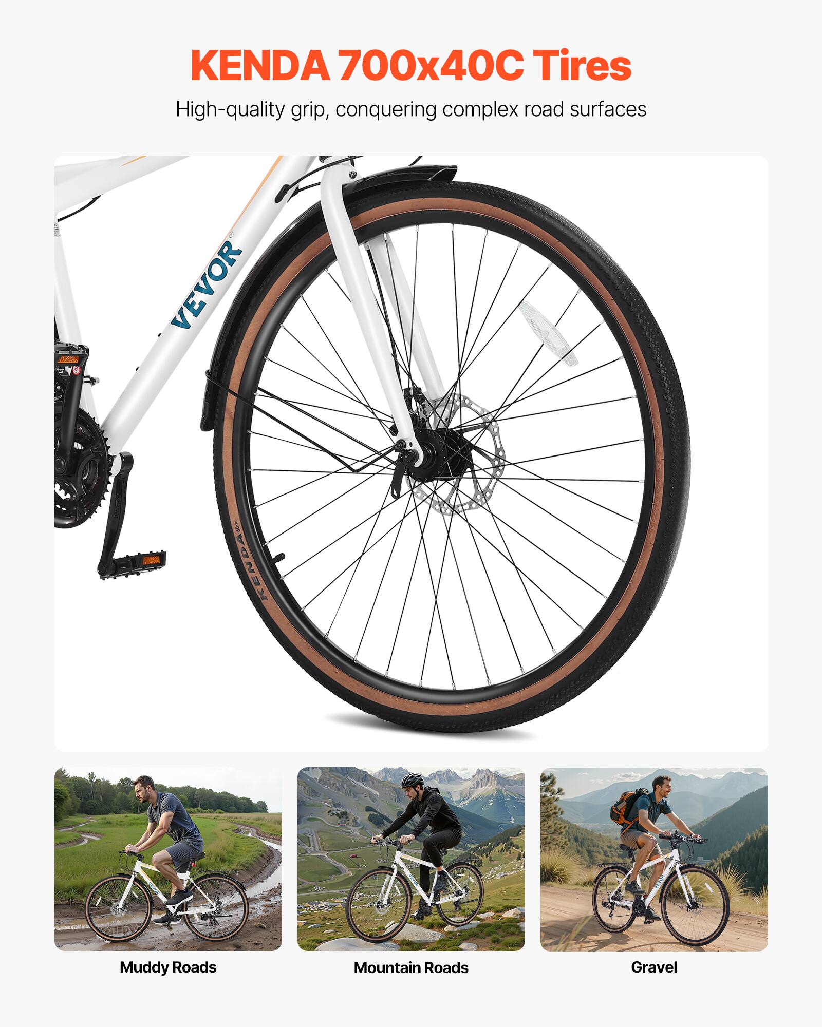 KENDA 700x40C Tires  
High-quality grip, conquering complex road surfaces  

Muddy Roads  
Mountain Roads  
Gravel