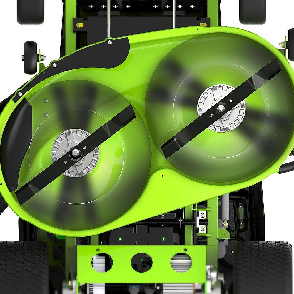 Left. Greenworks - RENEWED 80V 42" Cordless CrossoverT Riding Lawn Mower, (6) 5Ah Batteries and (3) Dual-Port Turbo Chargers, CRT4281.