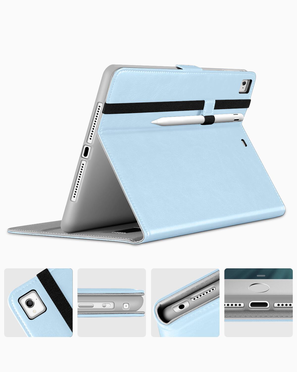Left. DTTO - for iPad 9.7 Inch 5th/6th Gen 2018/2017 Case with Apple Pencil Holder, Premium Leather Folio Stand Cover Case - Ice Blue.