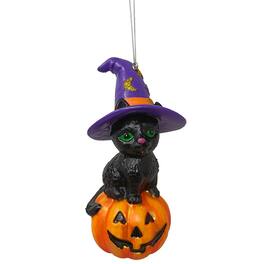 OrnamentallyYou - Black Cat on Pumpkin Spooky Glass Christmas Ornament Witch Hat Halloween Theme - Multi-colored