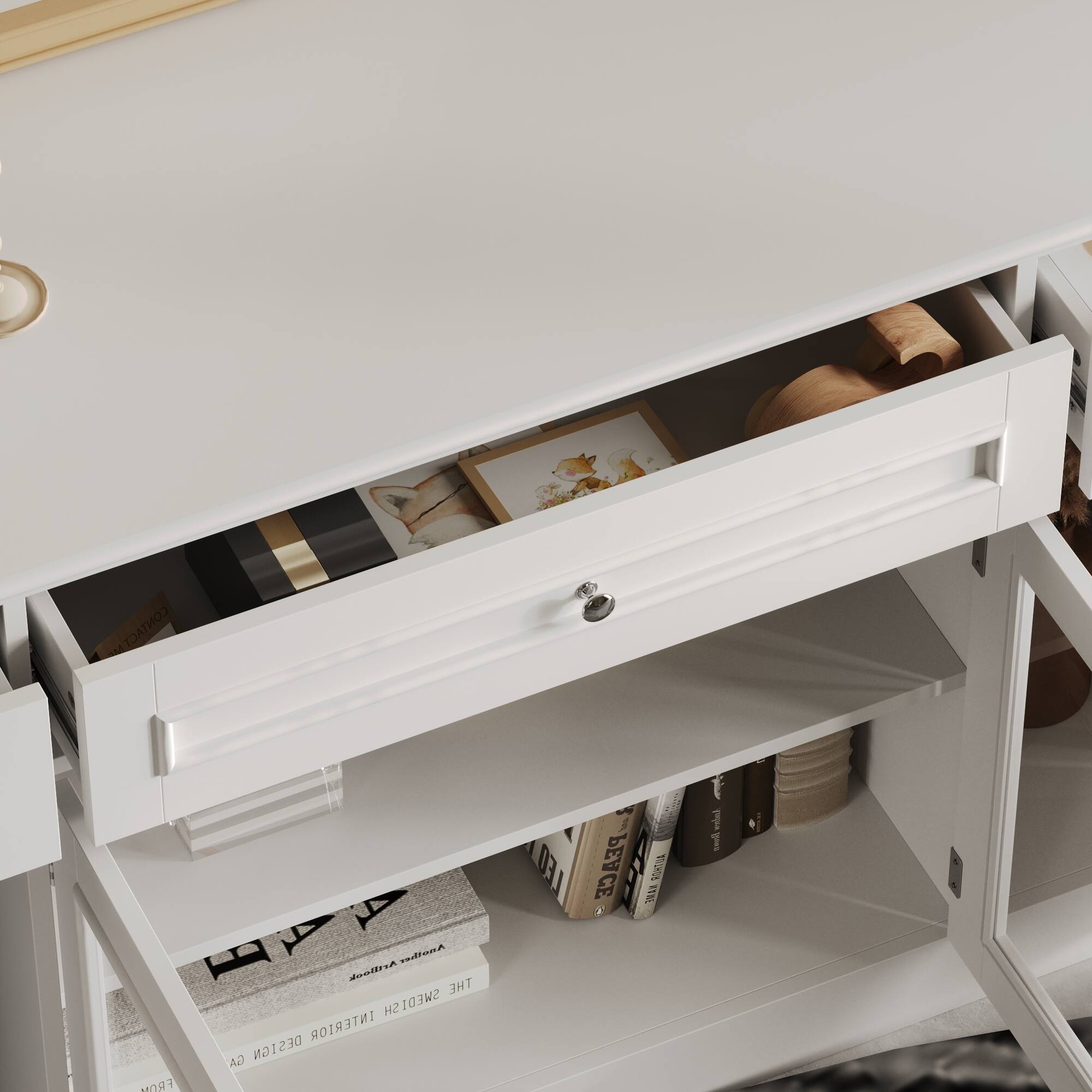 The image features a white desk with a drawer open, revealing a variety of items inside. There are several books placed on the desk, with some of them stacked on top of each other. Additionally, there are two bottles, one located near the left side of the desk and the other towards the right side. A clock can also be seen on the desk, positioned towards the top left corner. The overall scene gives a sense of an organized and functional workspace.