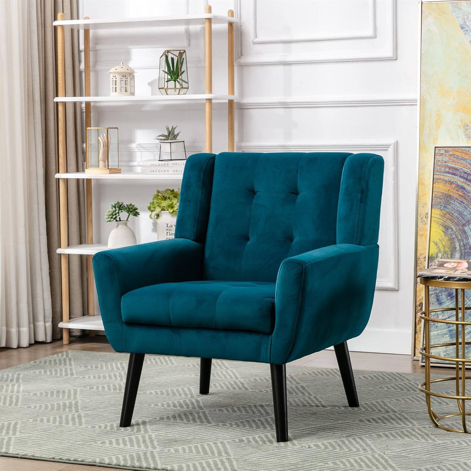 Trinkets Crazed - Modern Soft Velvet Material Ergonomics Accent Chair With Black Legs - Teal