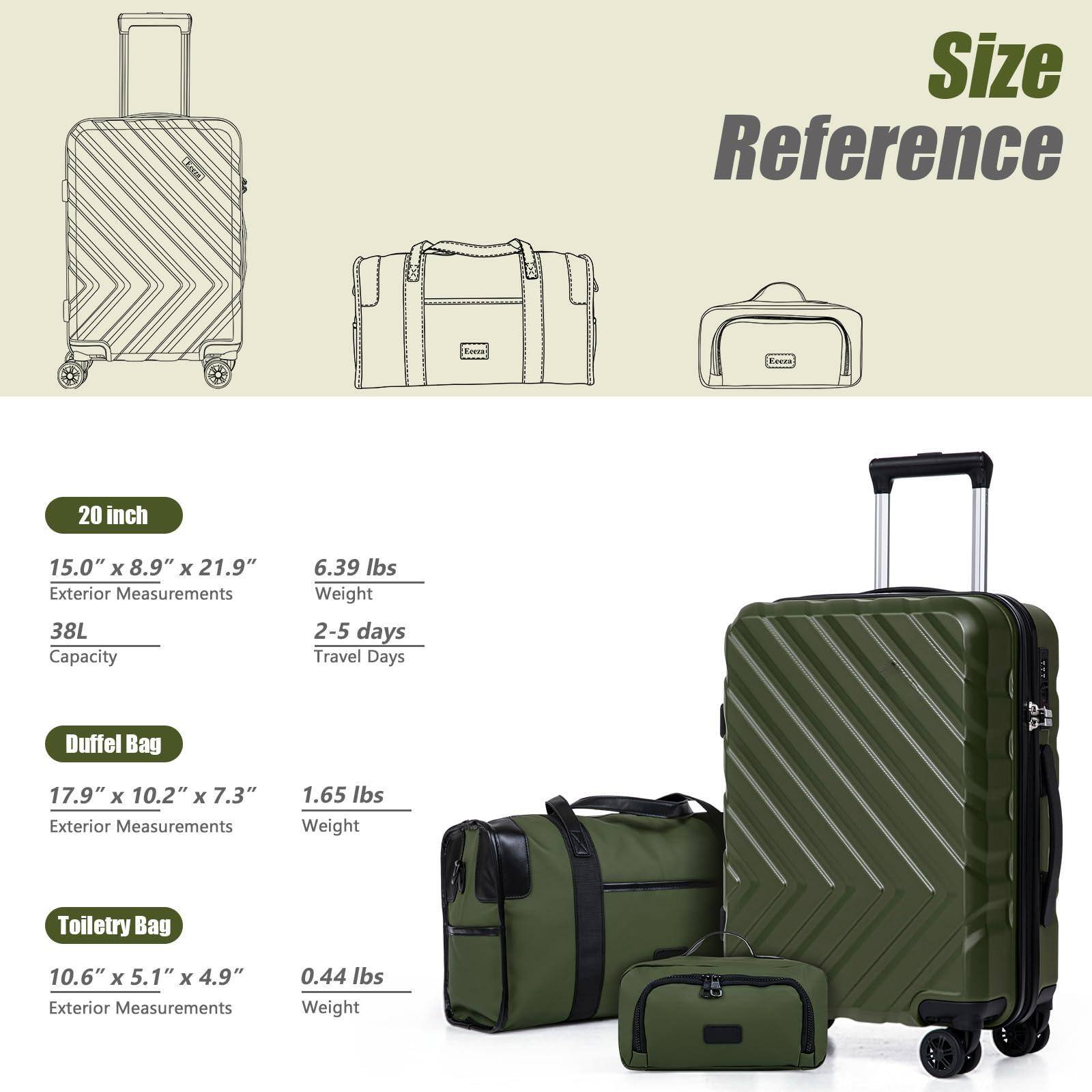 **Size Reference**

- **20 inch**
  - Exterior Measurements: 15.0" x 8.9" x 21.9"
  - Capacity: 38L
  - Weight: 6.39 lbs
  - Travel Days: 2-5 days

- **Duffel Bag**
  - Exterior Measurements: 17.9" x 10.2" x 7.3"
  - Weight: 1.65 lbs

- **Toiletry Bag**
  - Exterior Measurements: 10.6" x 5.1" x 4.9"
  - Weight: 0.44 lbs