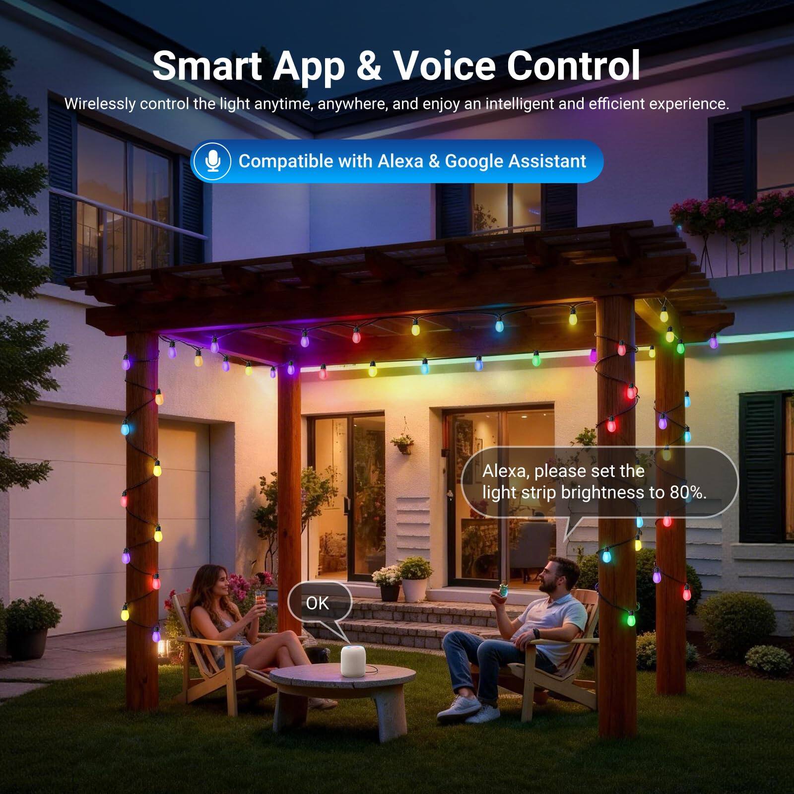 Smart App & Voice Control  
Wirelessly control the light anytime, anywhere, and enjoy an intelligent and efficient experience.  
Compatible with Alexa & Google Assistant  

Alexa, please set the light strip brightness to 80%.  
OK
