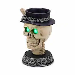 RYHNUYNE - Gothic Skull Candle Holder Statue with Glowing Green LED Eyes and Victorian Feather Top Hat for Spooky Halloween - Black