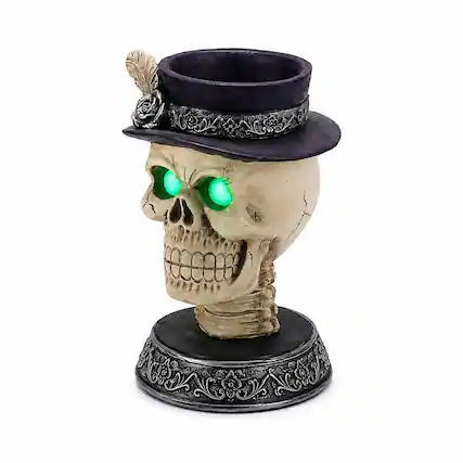 Front. RYHNUYNE - Gothic Skull Candle Holder Statue with Glowing Green LED Eyes and Victorian Feather Top Hat for Spooky Halloween - Black.