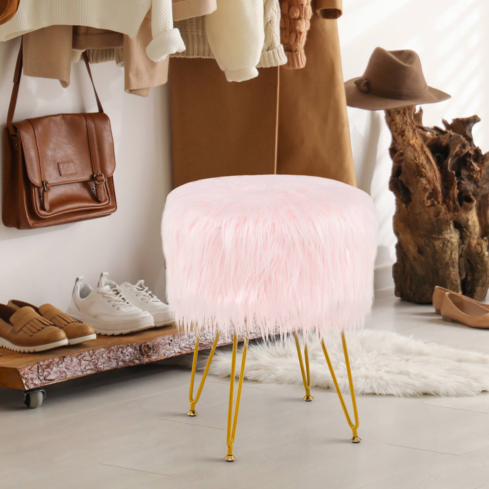 Alt View 1. Gymax - Gymax Vanity Chair Makeup Stool Furry Padded Seat Round Ottoman Pink - Pink.
