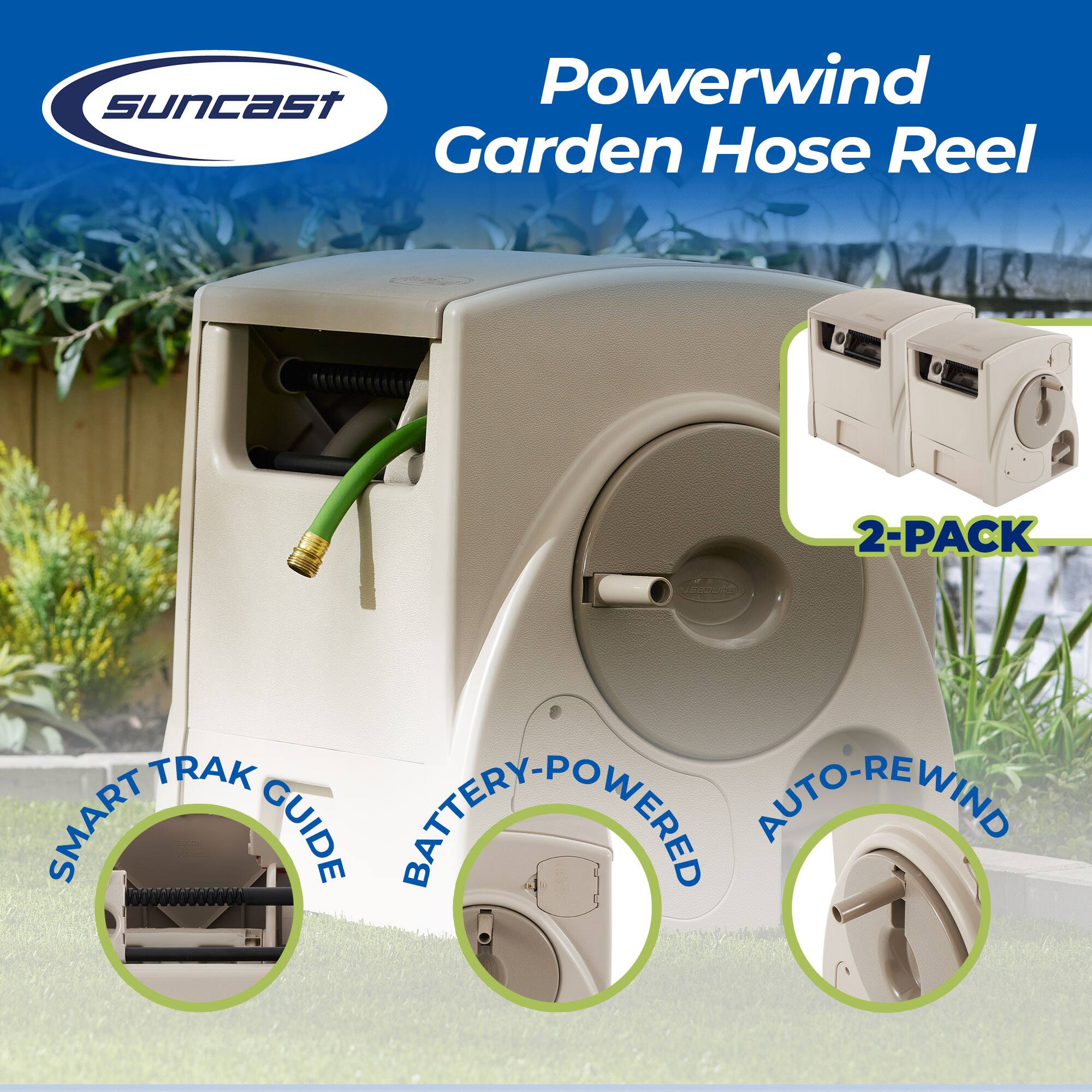 Suncast Powerwind Garden Hose Reel 2-PACK C2UO TRAK SMART GUIDE BATTERY-POWERED AUTO-REWIND