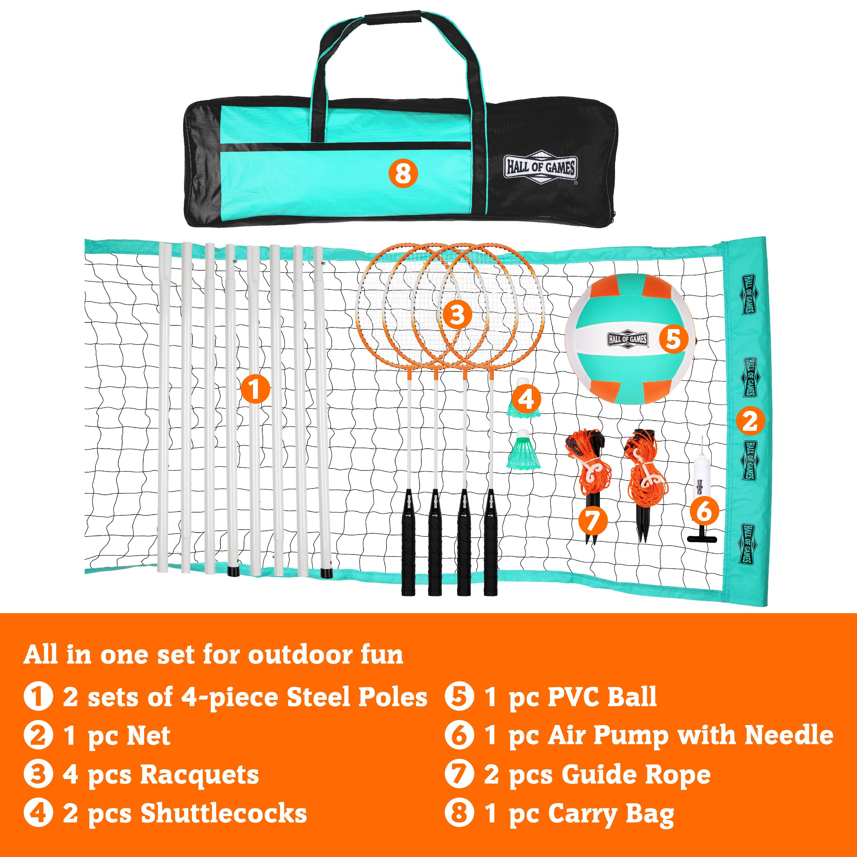 The text on the image has been grouped and corrected as follows:

1. All in one set for outdoor fun
2. 2 sets of 4-piece Steel Poles
3. 5 2 1 pc Net
4. 6 3 4 pcs Racquets
5. 7 4 2 pcs Shuttlecocks
6. 8 1 pc PVC Ball
7. 1 pc Air Pump with Needle
8. 2 pcs Guide Rope
9. 1 pc Carry Bag