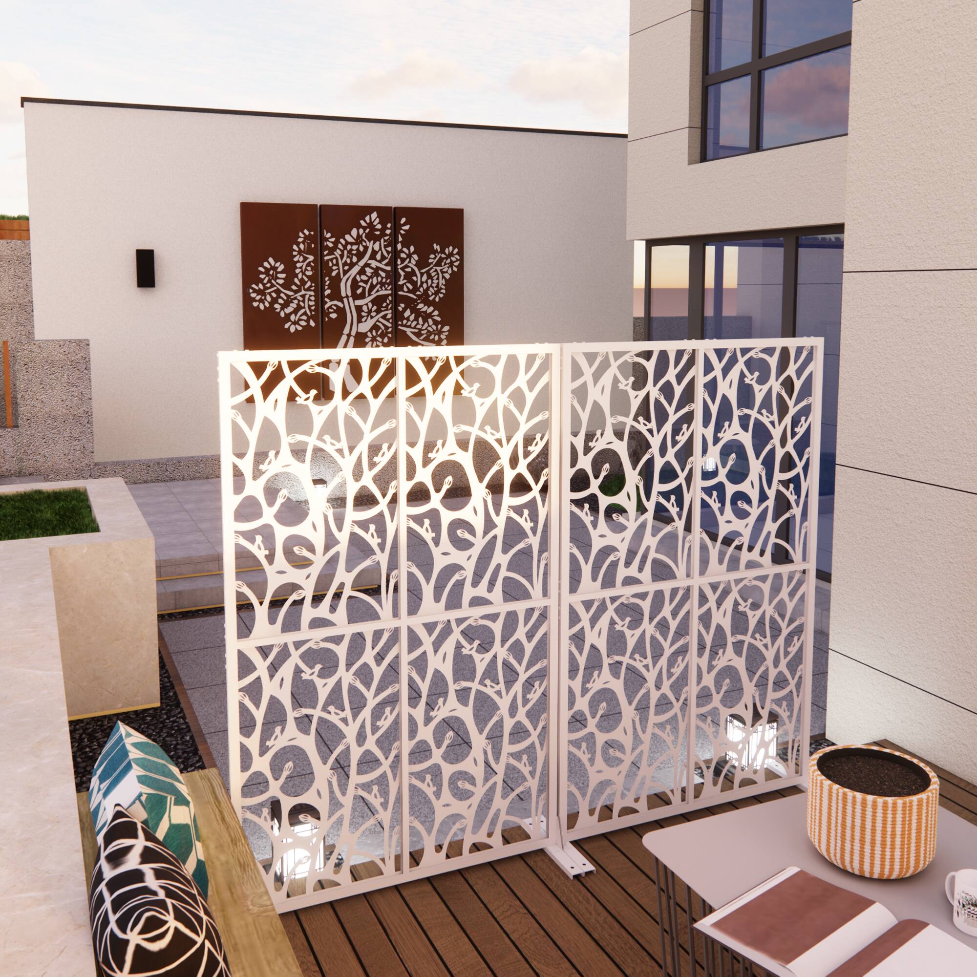 Angle. Loheer - 3.8 ft x 6 ft Metal Privacy Screen Freestanding Room Divider for Patio Balcony Garden - White.