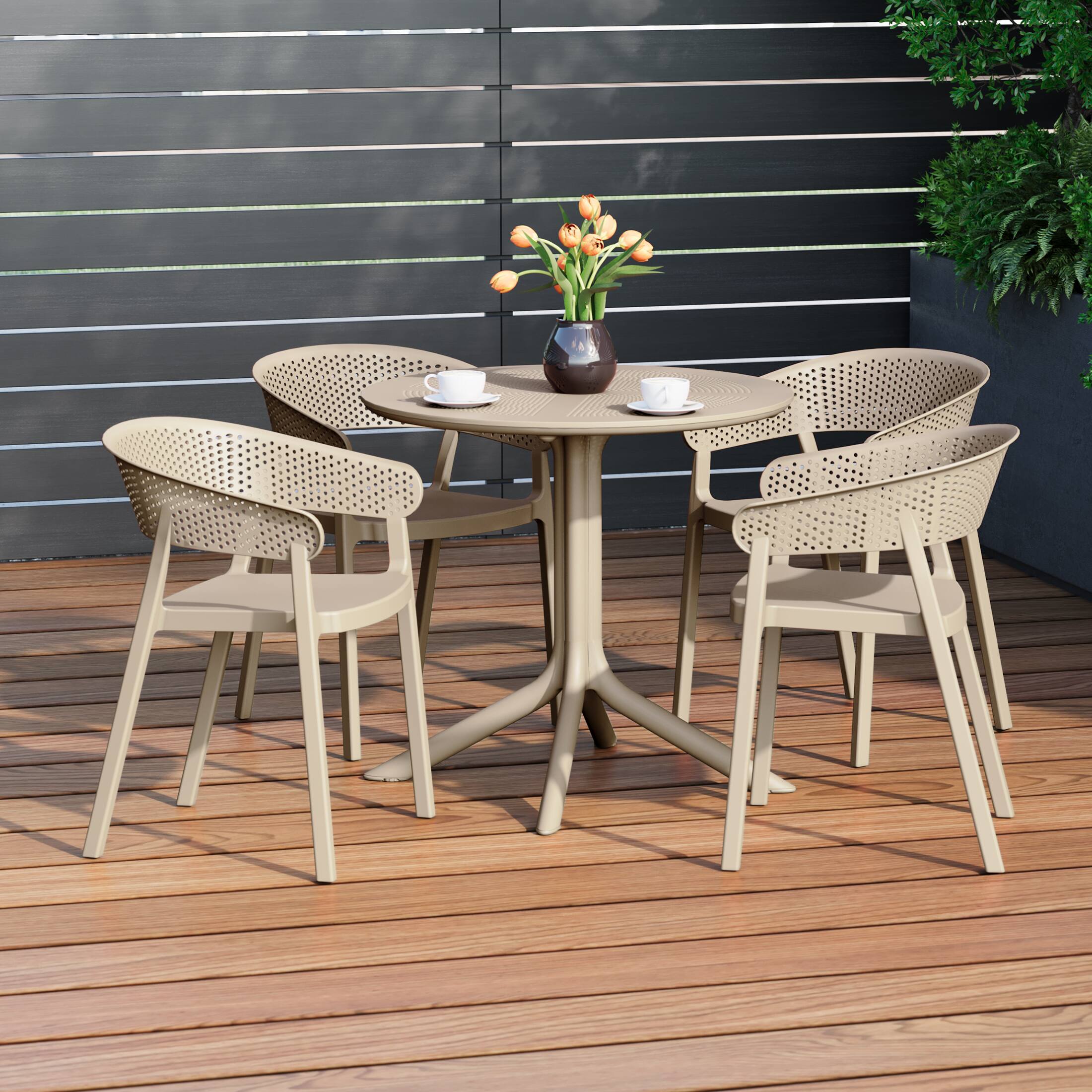 Angle. WestinTrends - WestinTrends Playa 5-Piece Modern Patio Round Dining Table Set with Stackable Patio Dining Chairs - Sand.