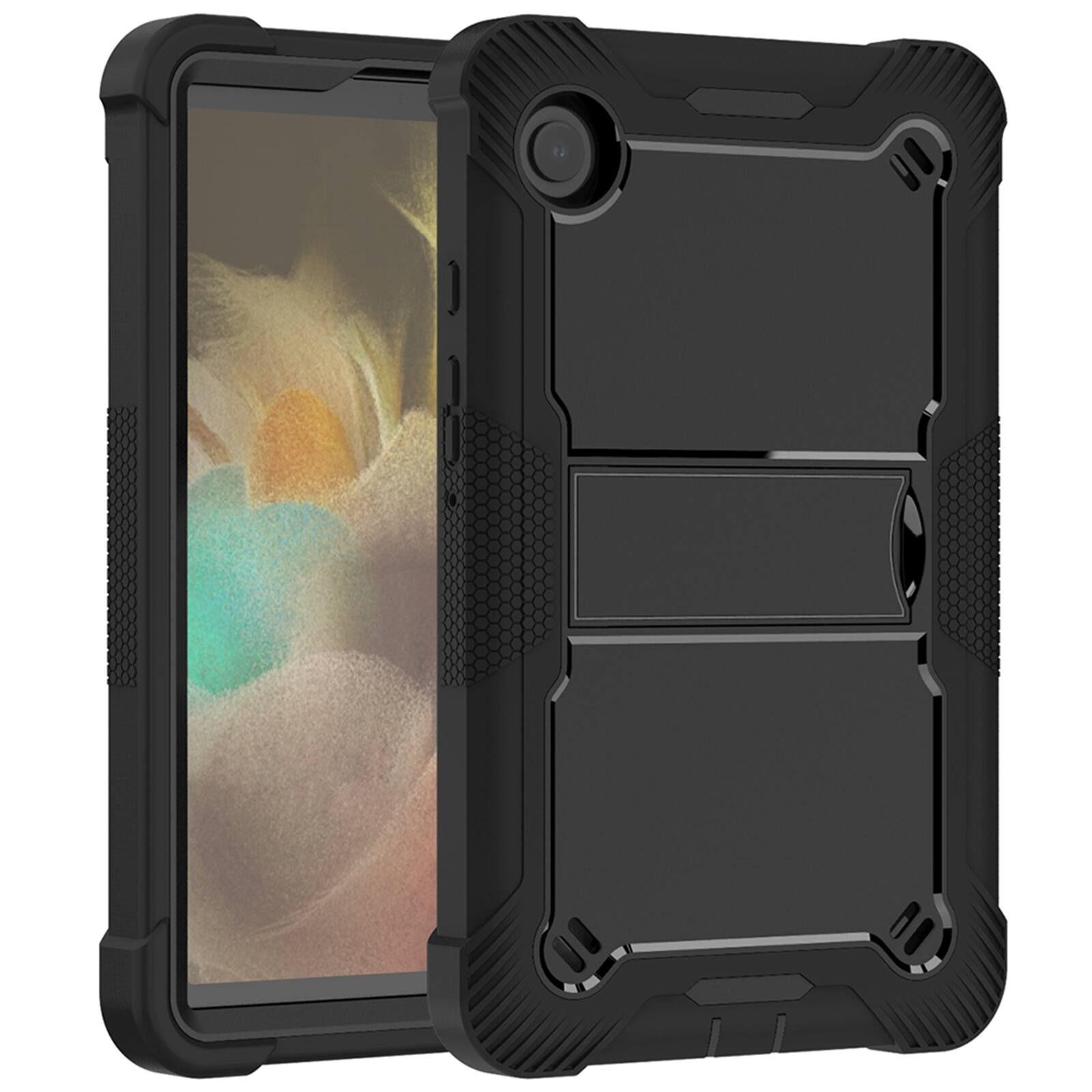 Back. Dteck - Heavy Duty Rugged Hybrid Case for Samsung Tab A9 8.7" 2023 SM-X110/X115, Shockproof Armor PC TPU Kickstand Cover - Black.