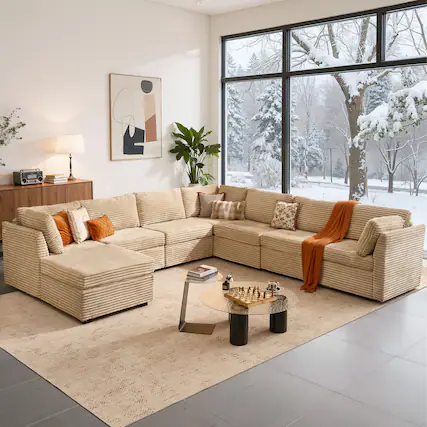 Front. Ovios - 130.8" Modular Sectional Sofa, U Shaped Plush Corduroy 7 Seat Couch with Ottoman - Beige.