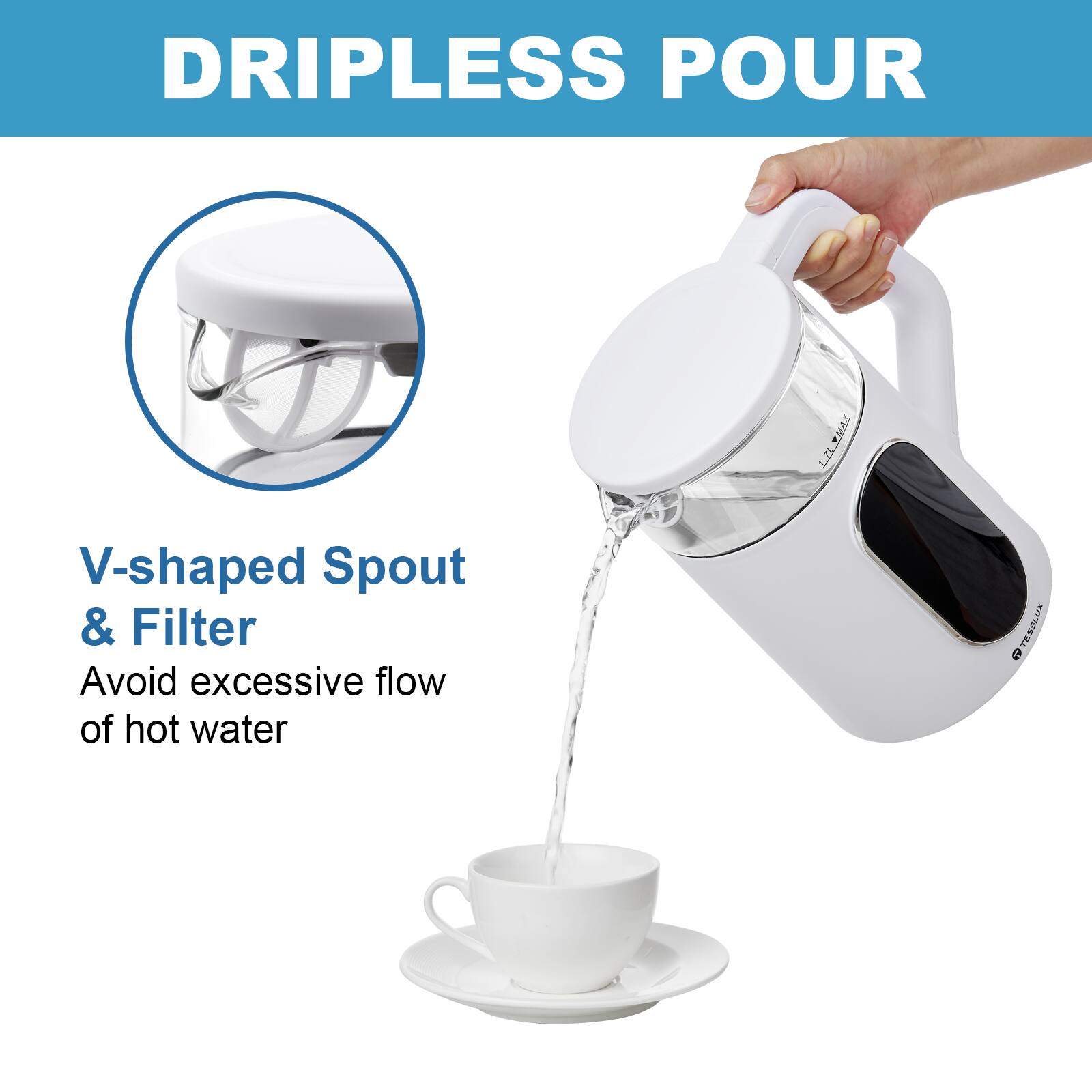 DRIPLESS POUR, V-shaped Spout & Filter, Avoid excessive flow of hot water