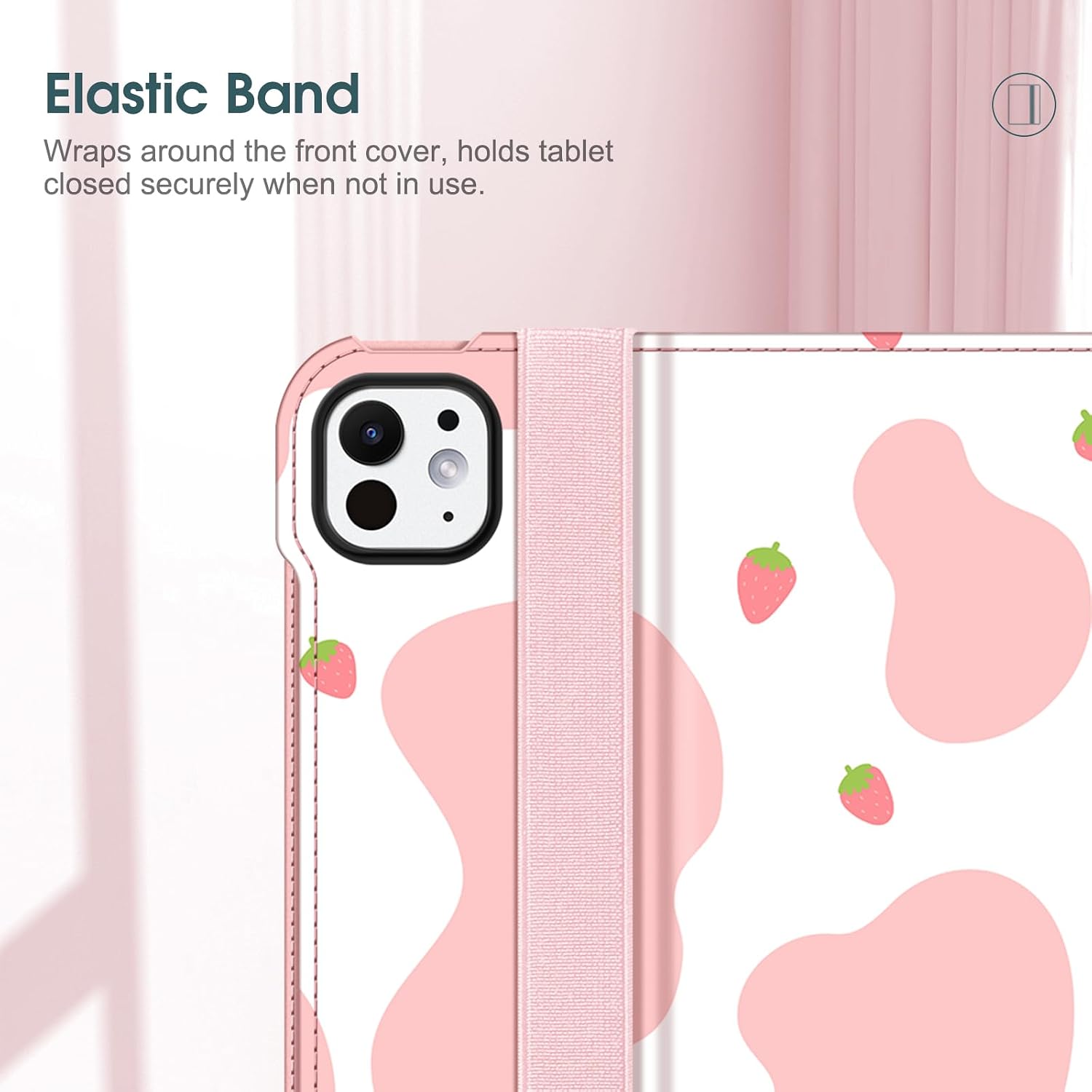 Elastic Band Wraps around the front cover, holds tablet closed securely when not in use.