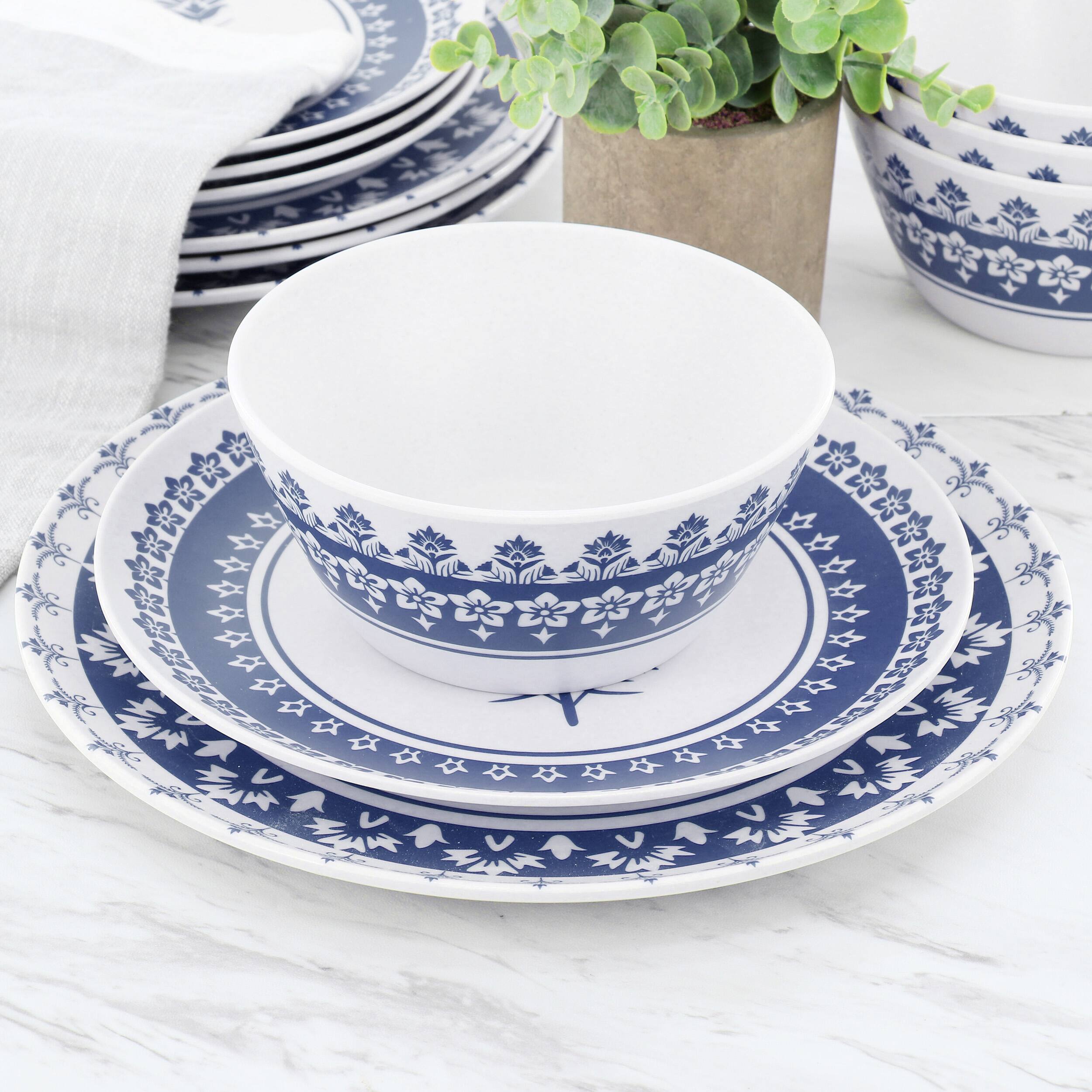 Alt View 6. Martha Stewart - Martha Stewart 12 Piece Round Bamboo Fiber Dinnerware Set in Blue - Blue.