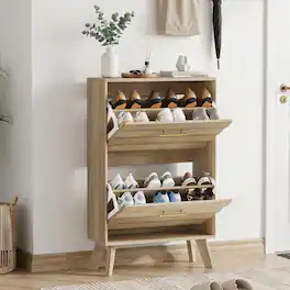 Z-Edge - Shoe Cabinet with 2 Flip Drawers, Narrow Shoe Cabinet, Freestanding Shoe Organizer with Adjustable Shelves for Hallway - Oak