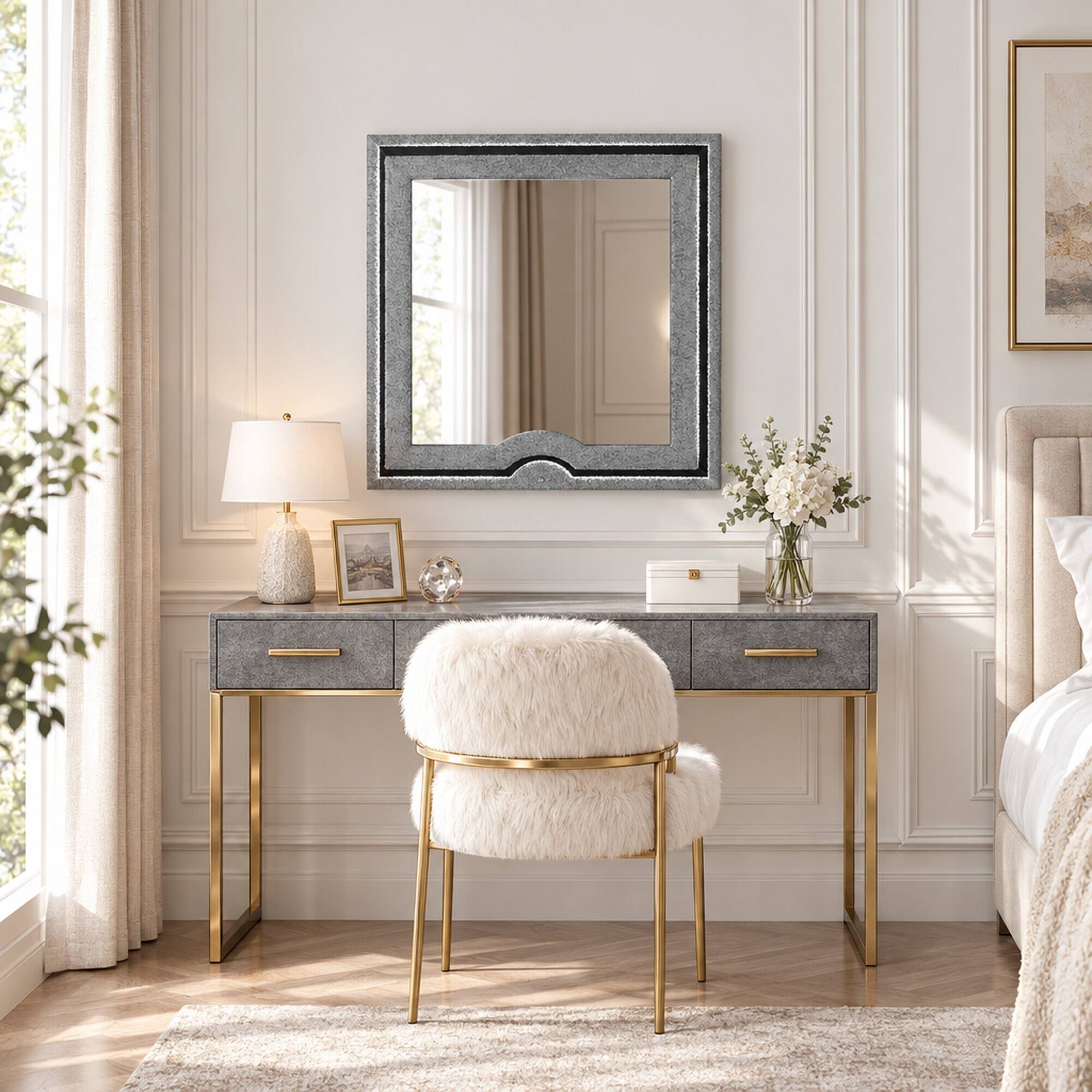 Alt View 2. RYHNUYNE - Gray Upholstered Dresser Mirror, Large Rectangular Frame, LED Lit, Attaches to Dresser - Gray.