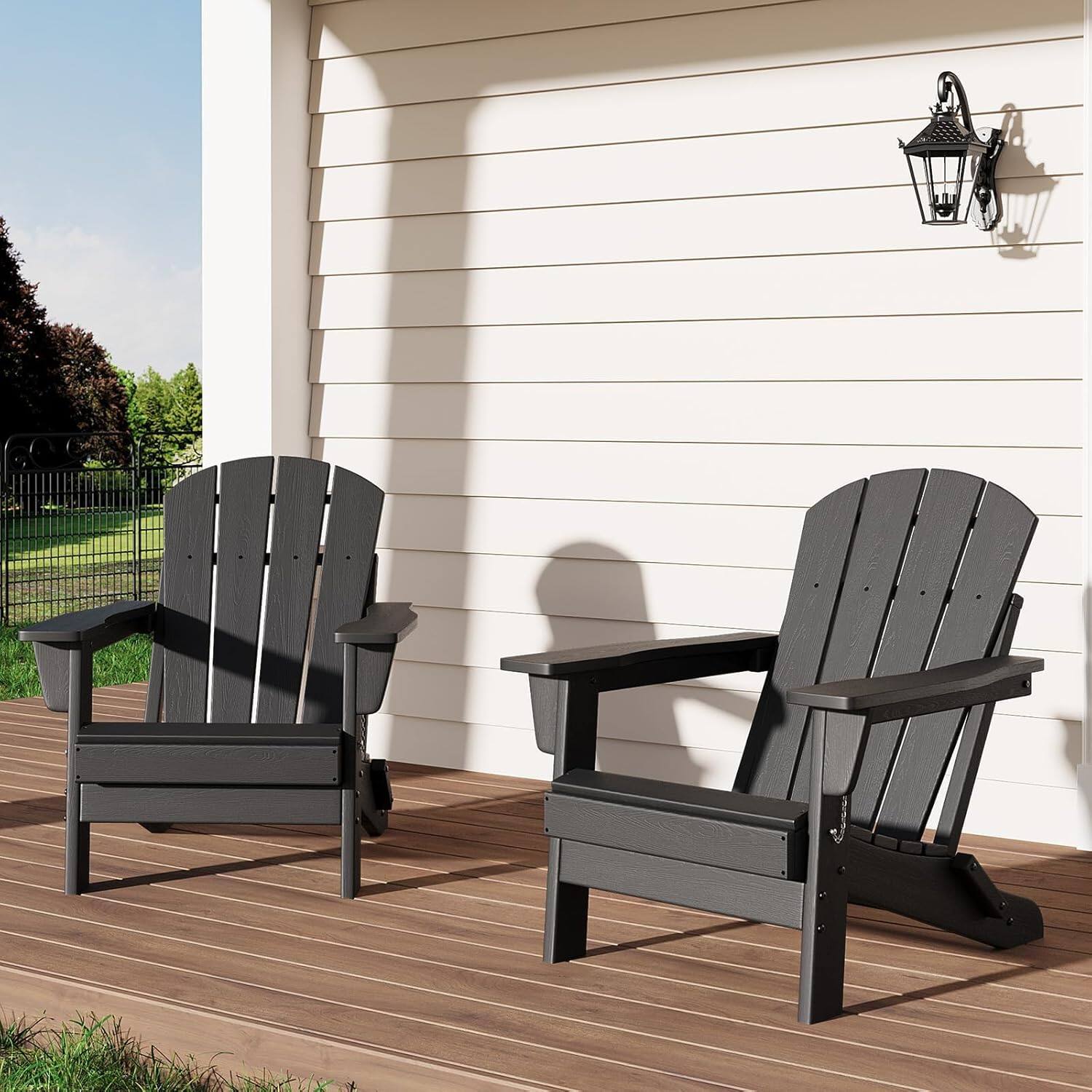 Homhougo - Oversized Folding Adirondack Chairs Set of 2, HDPE 380 lb Capacity Patio Chairs - Black