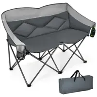 Costway - Folding Camping Chair Loveseat Double Seat w/ Bags & Padded Backrest - Gray - Front_Zoom