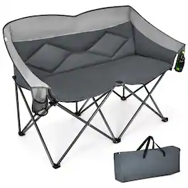 Costway - Folding Camping Chair Loveseat Double Seat w/ Bags & Padded Backrest - Gray