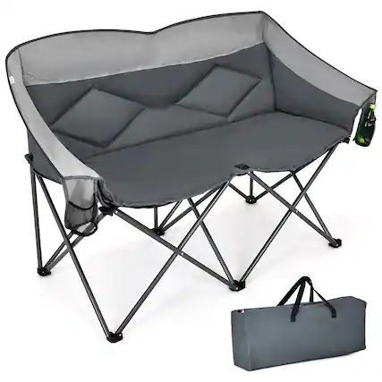 Front. Costway - Folding Camping Chair Loveseat Double Seat w/ Bags & Padded Backrest Gray - Gray.