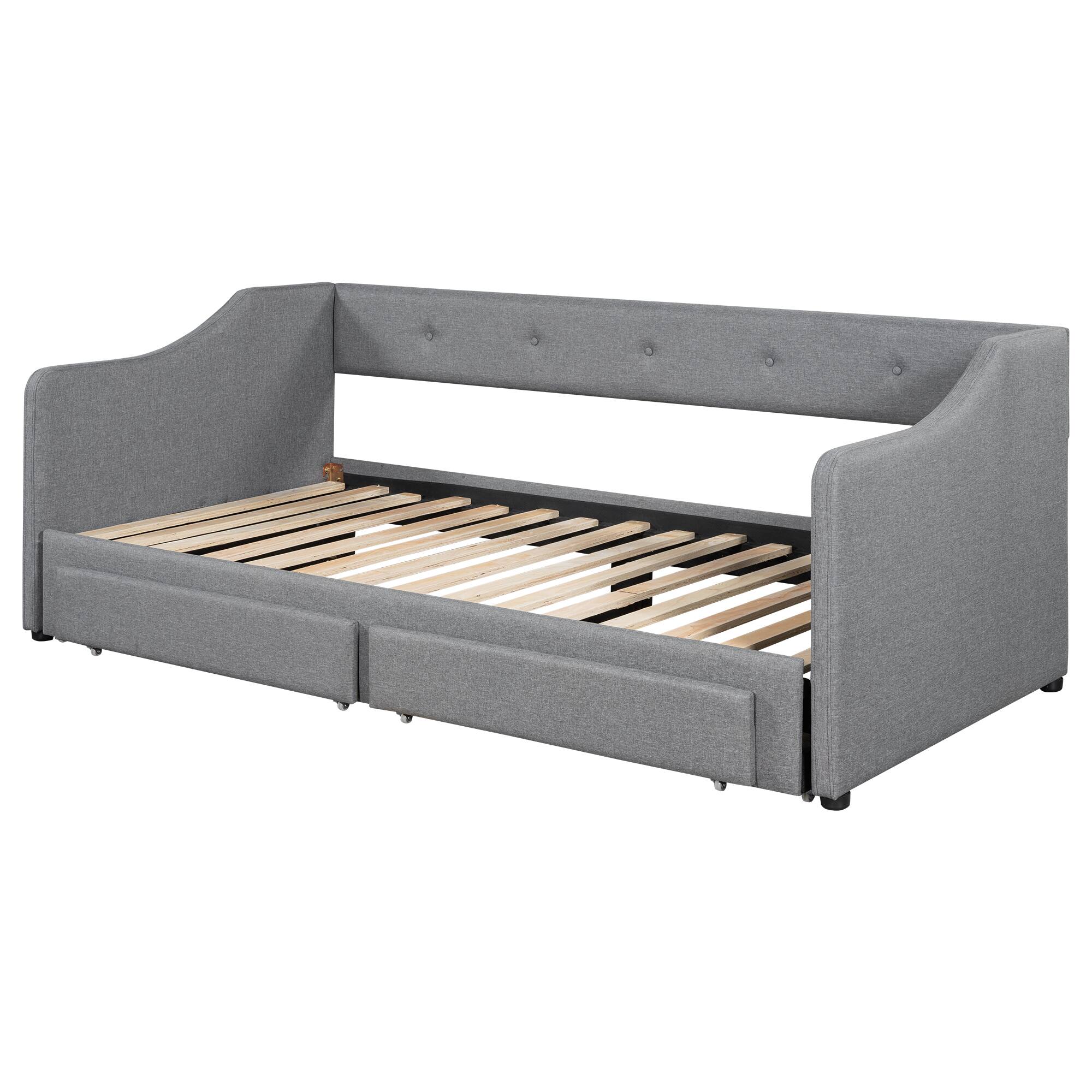 Left. Whisen - Expandable Daybed from Twin XL to King, Upholstered Bed Frame with Storage Drawers for Bedroom & Guest Room - Gray.