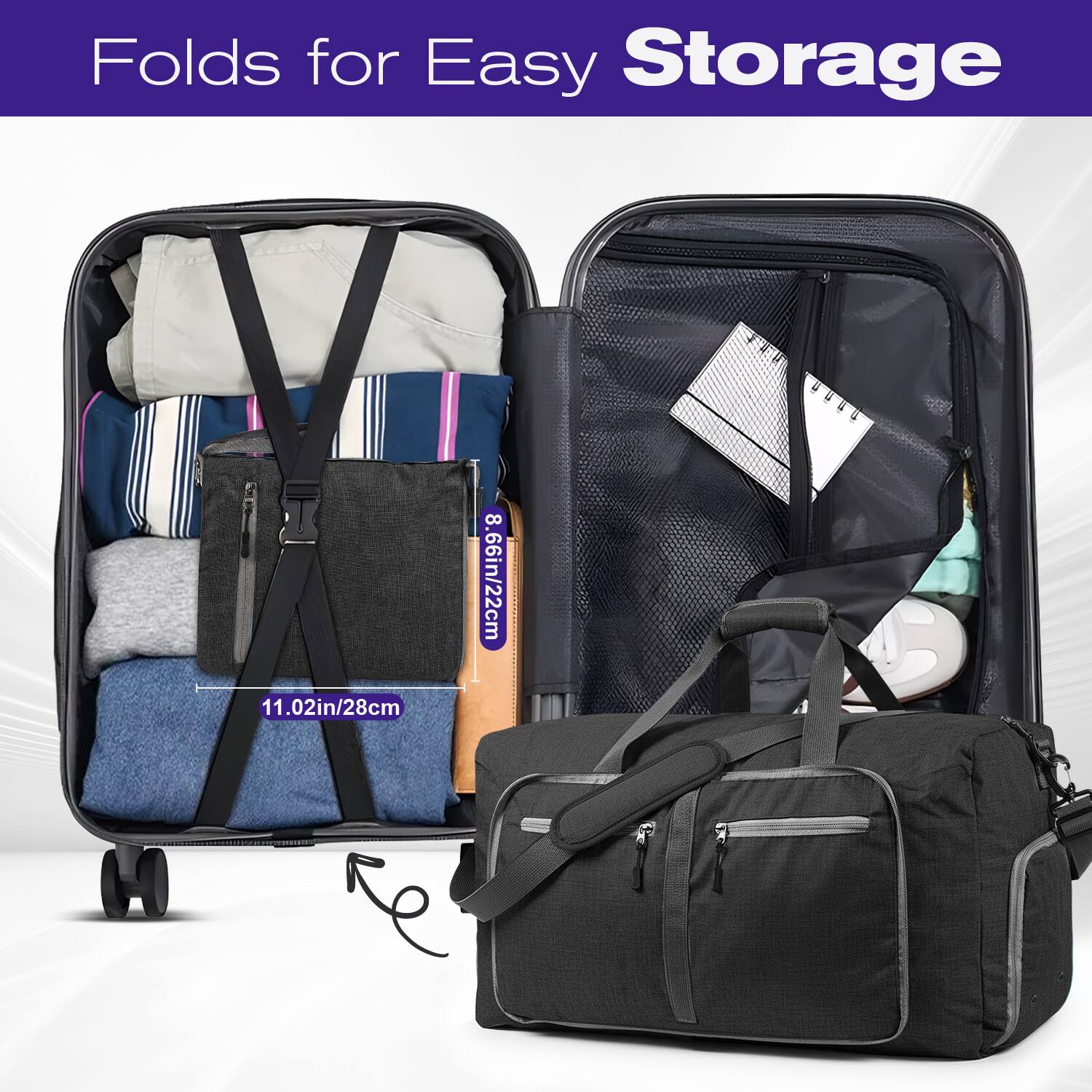 Folds for Easy Storage  
11.02in/28cm  
8.66in/22cm