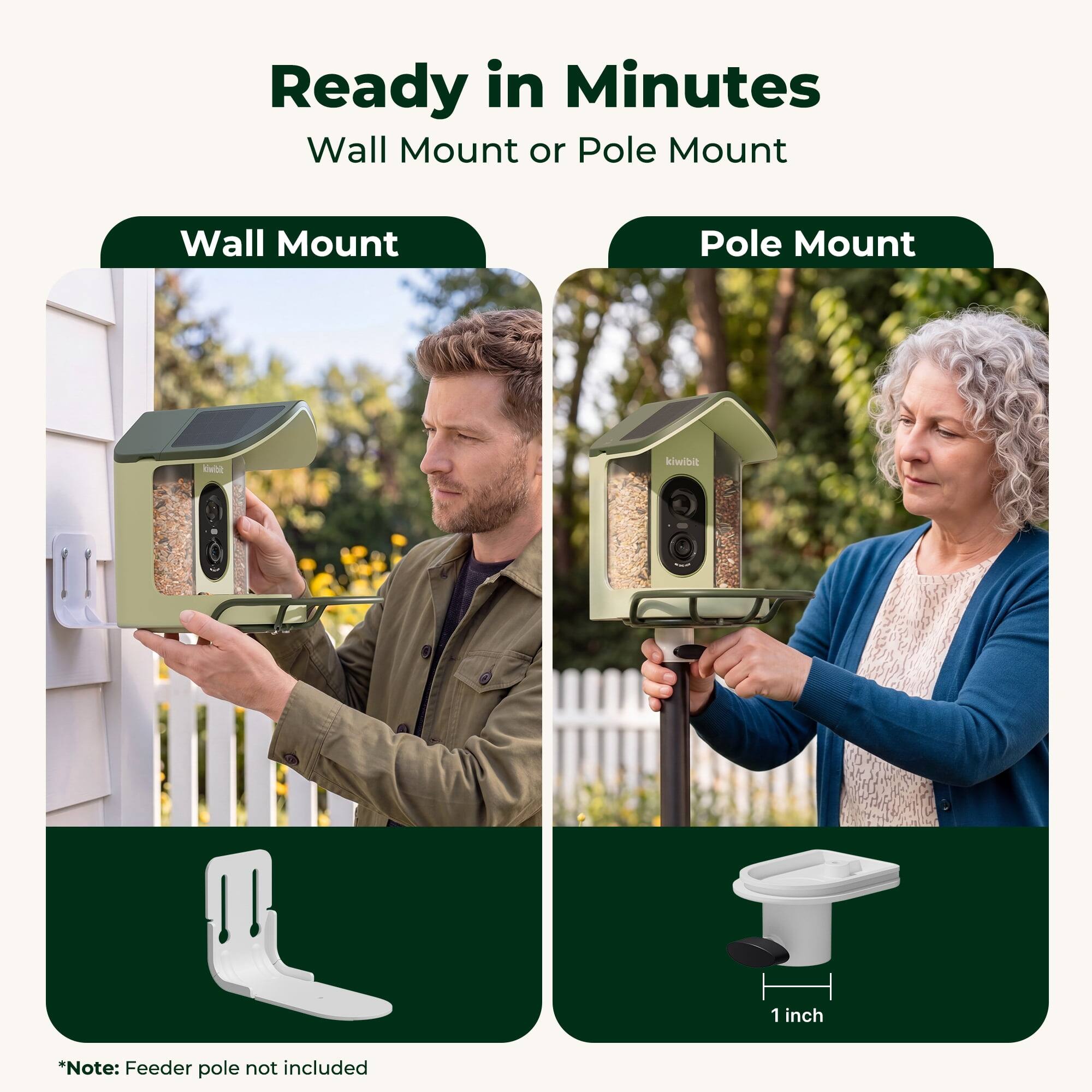 Ready in Minutes  
Wall Mount or Pole Mount  

Wall Mount  
Pole Mount  

*Note: Feeder pole not included