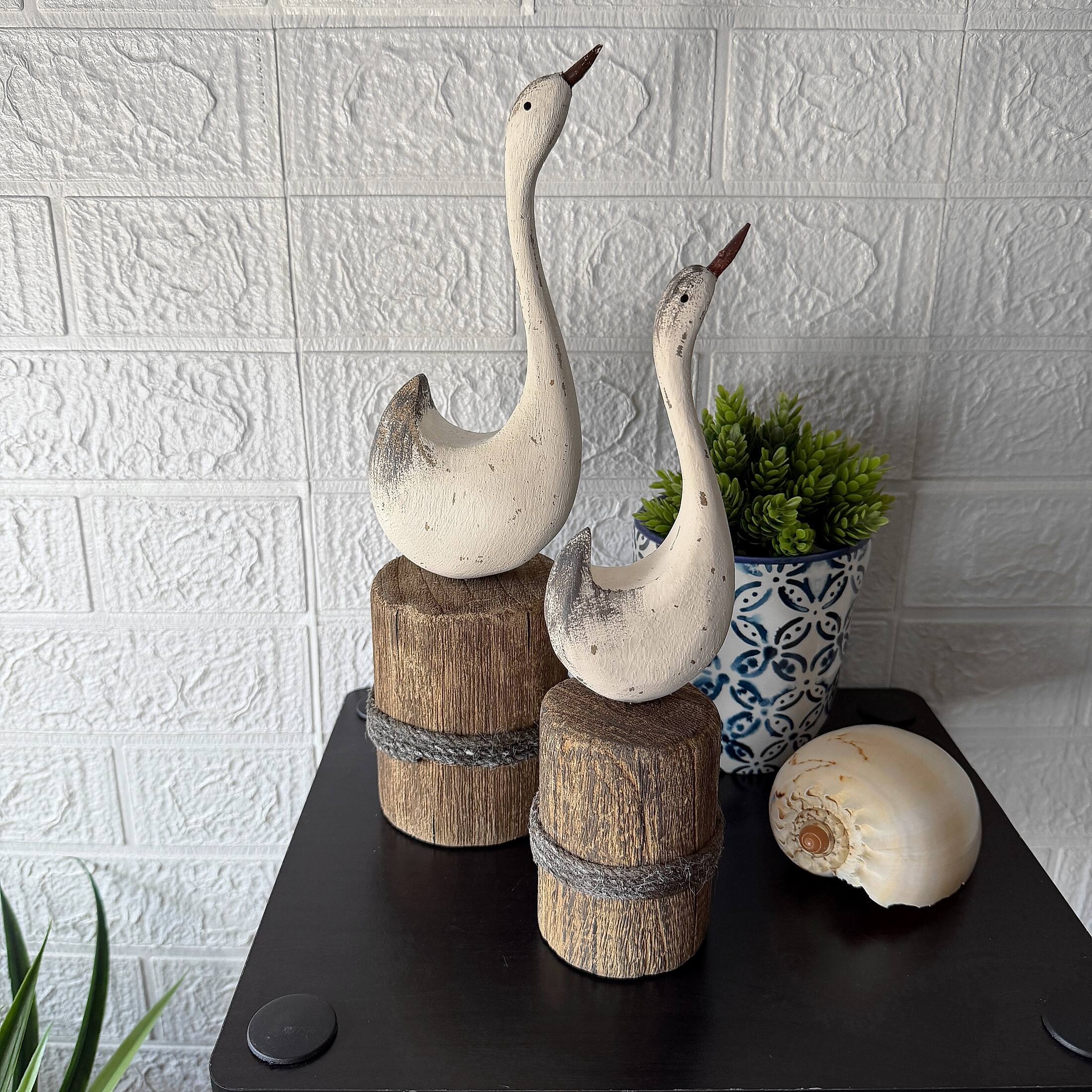 Alt View 3. Things2Die4 - Distressed White Wood Swan Statues Set of 2 Nautical Dock Piling Shelf Decor - White.