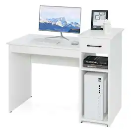 Pefilos - Computer Desk PC Laptop Table with Drawer & Shelf- Office Desk, Gaming Computer Desks for Study,Working, Writing - White