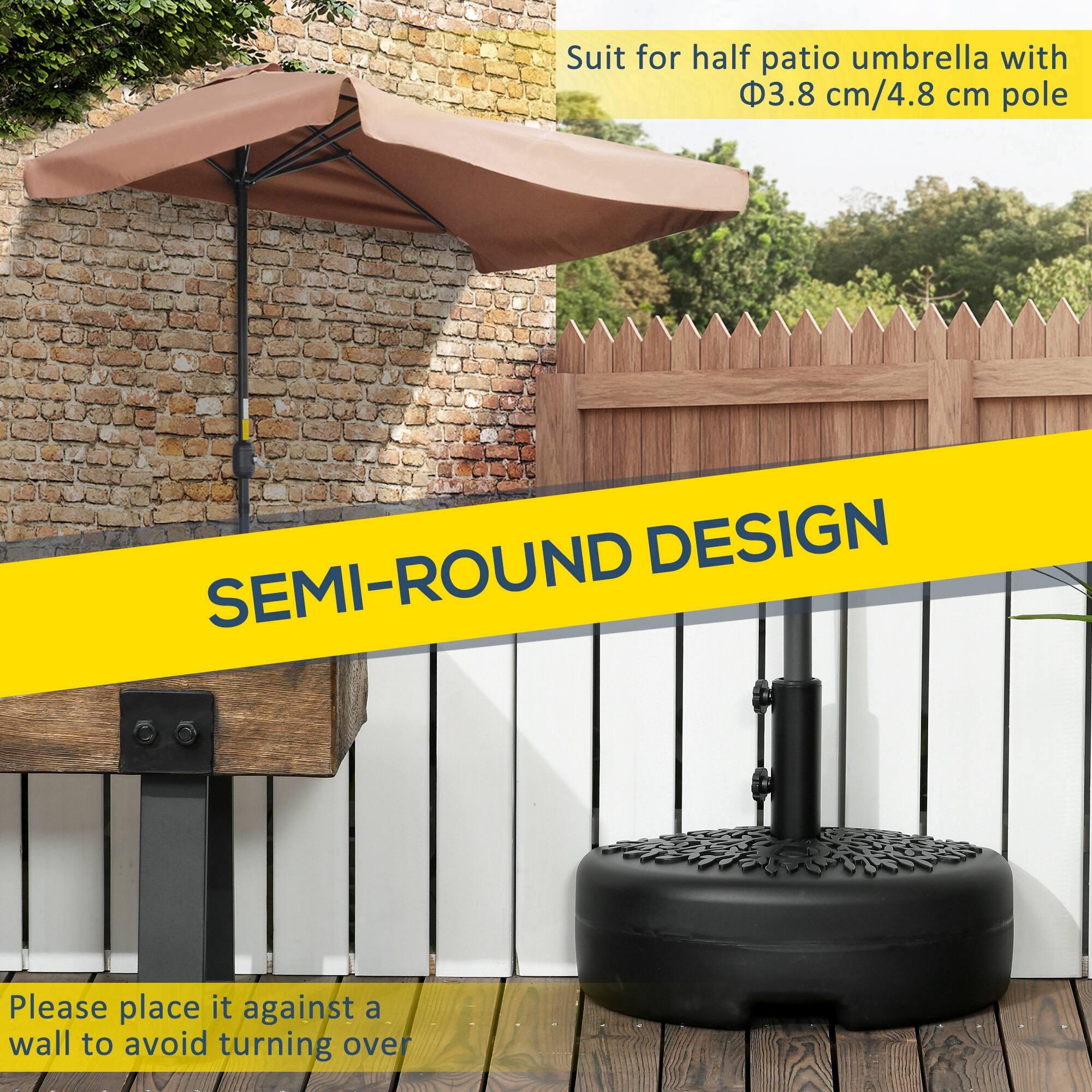 Suit for half patio umbrella with  
Φ3.8 cm/4.8 cm pole  

SEMI-ROUND DESIGN  

Please place it against a wall to avoid turning over