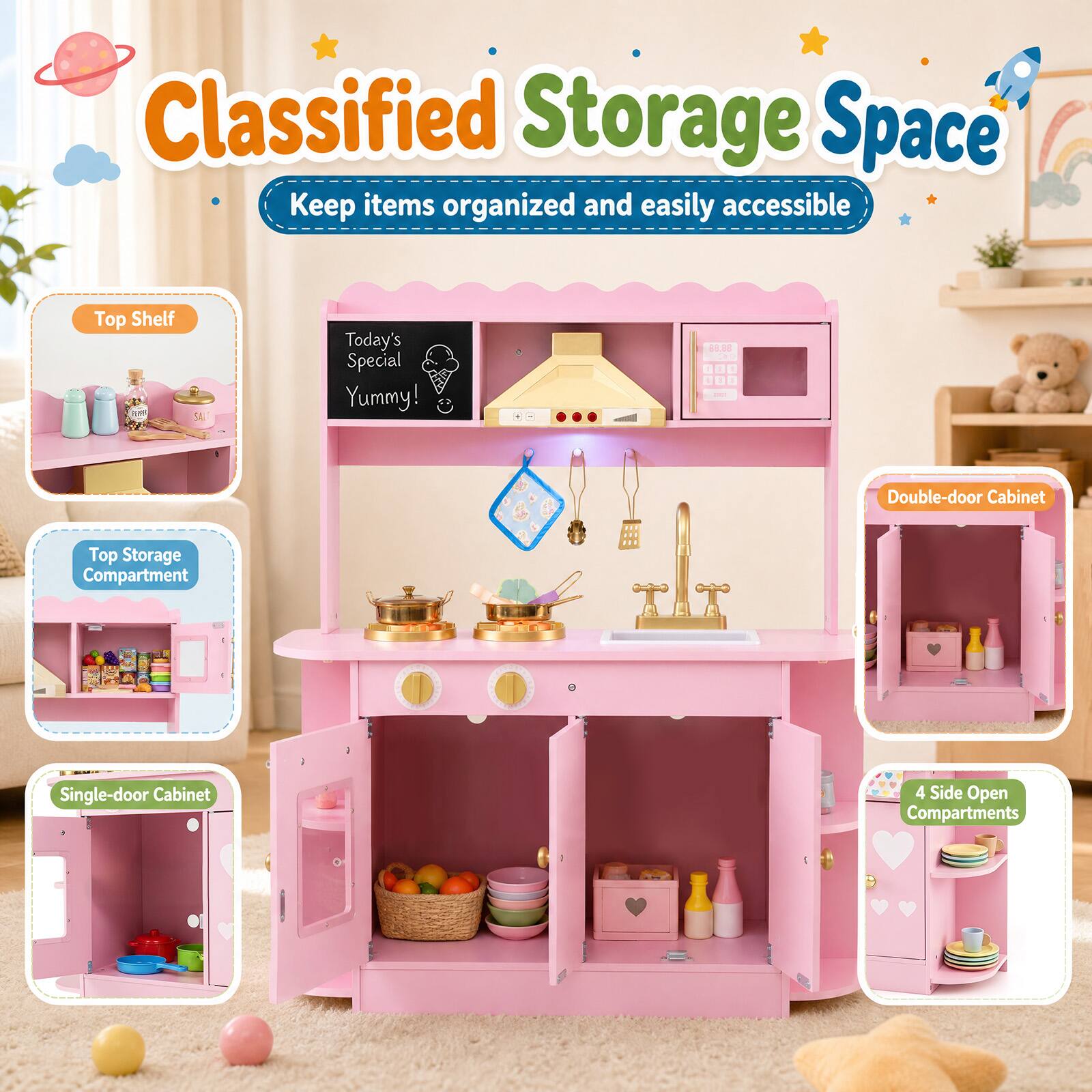 Classified Storage Space  
Keep items organized and easily accessible

- Top Shelf
- Today's Special Yummy!
- Double-door Cabinet
- Top Storage Compartment
- Single-door Cabinet
- 4 Side Open Compartments