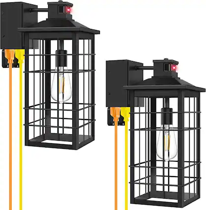 Front. Nordic Hygge - 18inch Large Motion Sensor Porch Lights with GFCI Outlets, Dusk to Dawn Black Outdoor Wall Light Fixtures - Black.