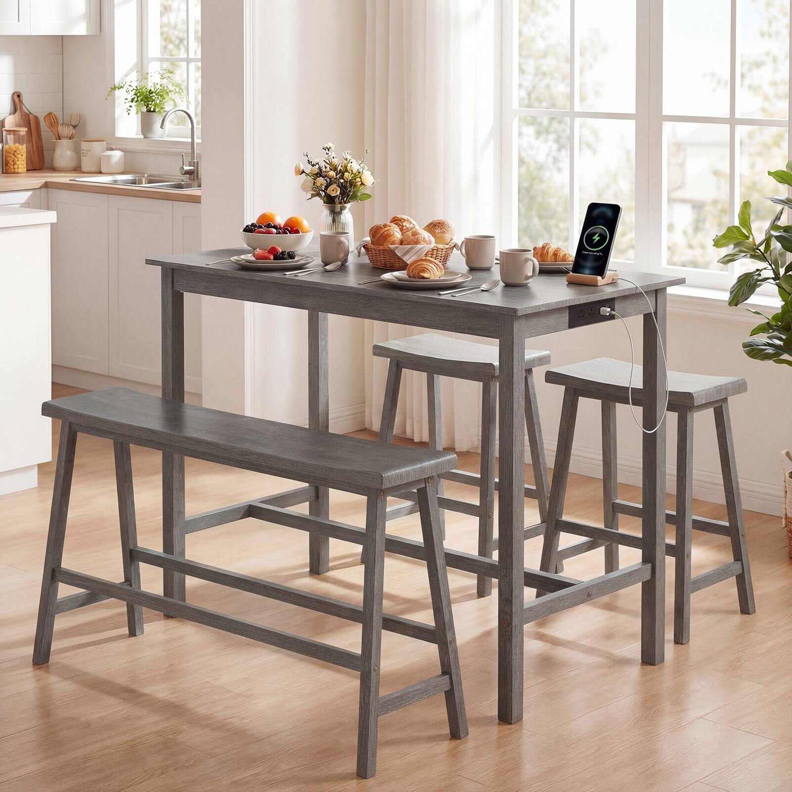 Alt View 1. Costway - Costway 4 PCS Counter Height Dining Table Set with Power Outlet Saddle Backless Bench Stools - Gray.