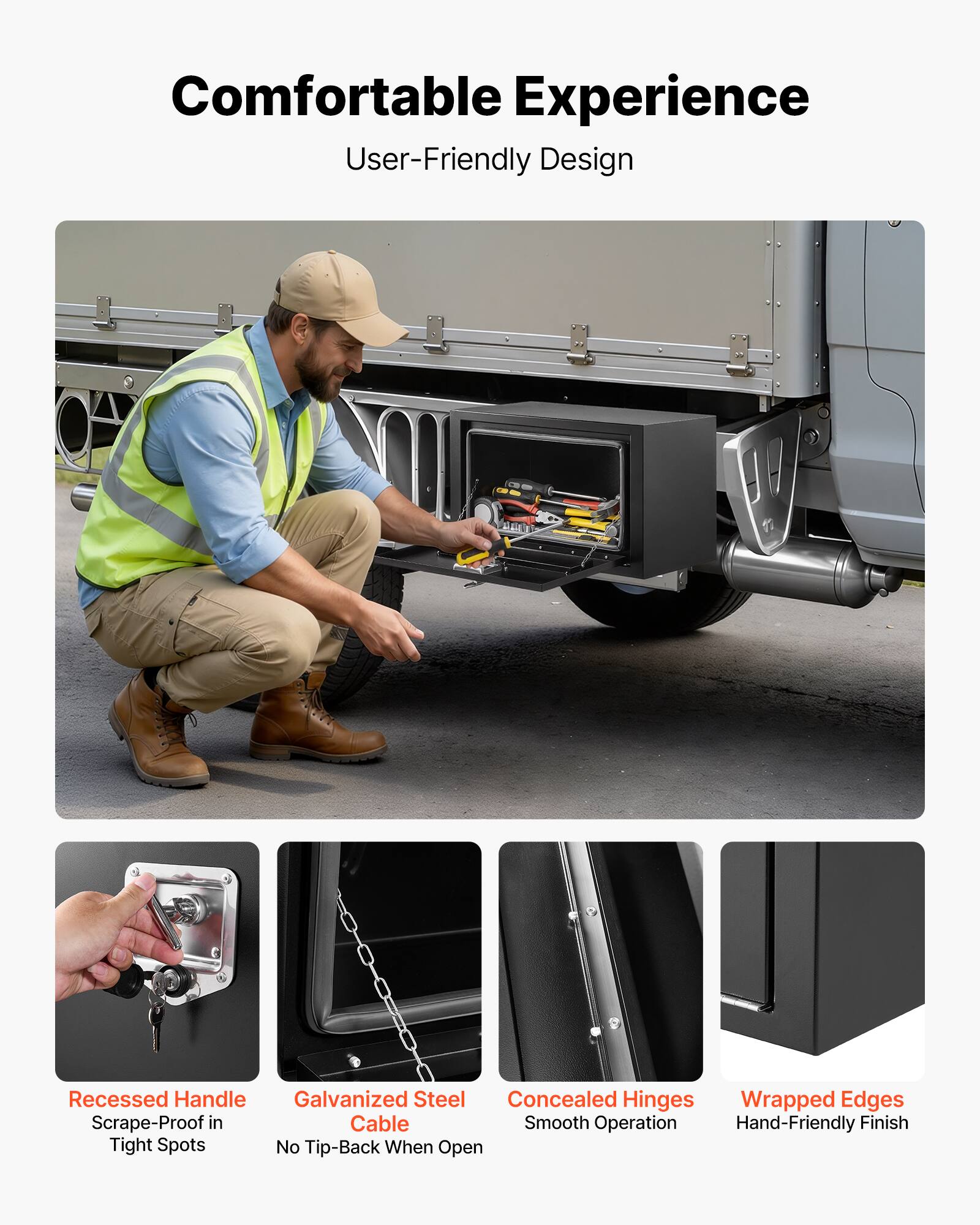 Comfortable Experience  
User-Friendly Design

- Recessed Handle  
  Scrape-Proof in Tight Spots

- Galvanized Steel Cable  
  No Tip-Back When Open

- Concealed Hinges  
  Smooth Operation

- Wrapped Edges  
  Hand-Friendly Finish