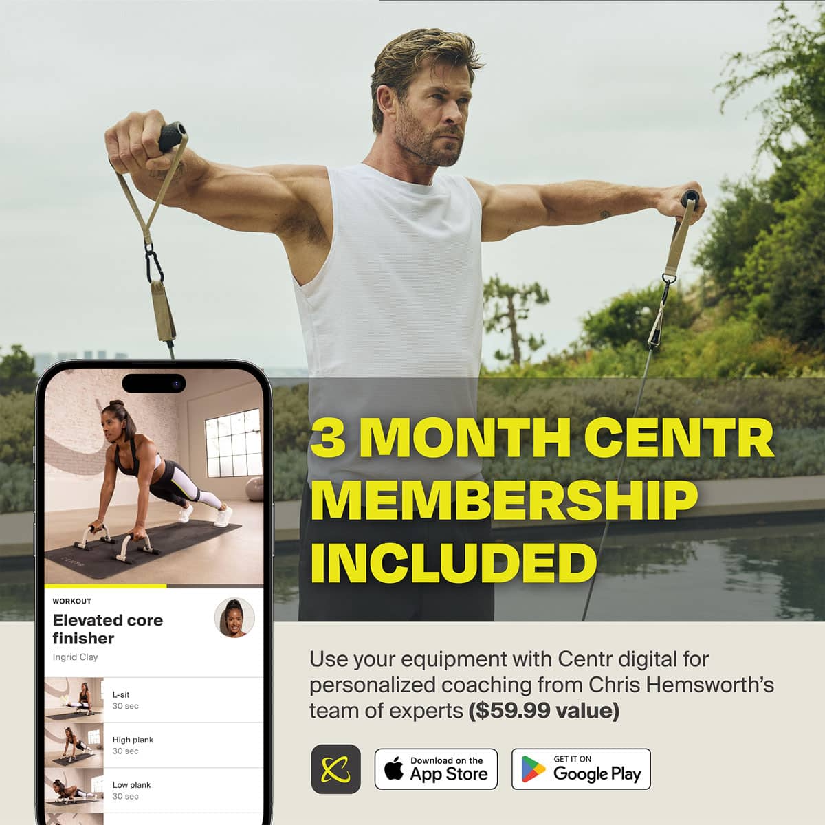 The text on the image is already grouped and correctly written. It reads:
"WORKOUT Elevated core finisher Ingrid Clay L-sit X0 se High plank 30 sec Low plank Xo se 3 MONTH CENTR MEMBERSHIP INCLUDED Use your equipment with Centr digital for personalized coaching from Chris Hemsworth's team of experts ($59.99 value) Download on the GET at ON App Store Google Play"