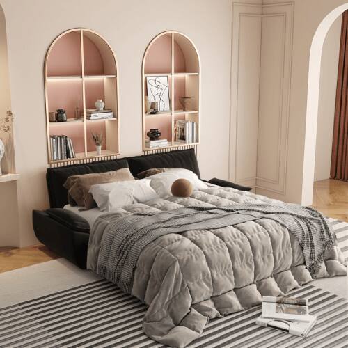 Alt View 6. JUJABU - 73.2" Queen Pull Out Sofa Bed, 3-in-1 Convertible Sleeper Sofa, Black Velvet Loveseat Bed - Black.