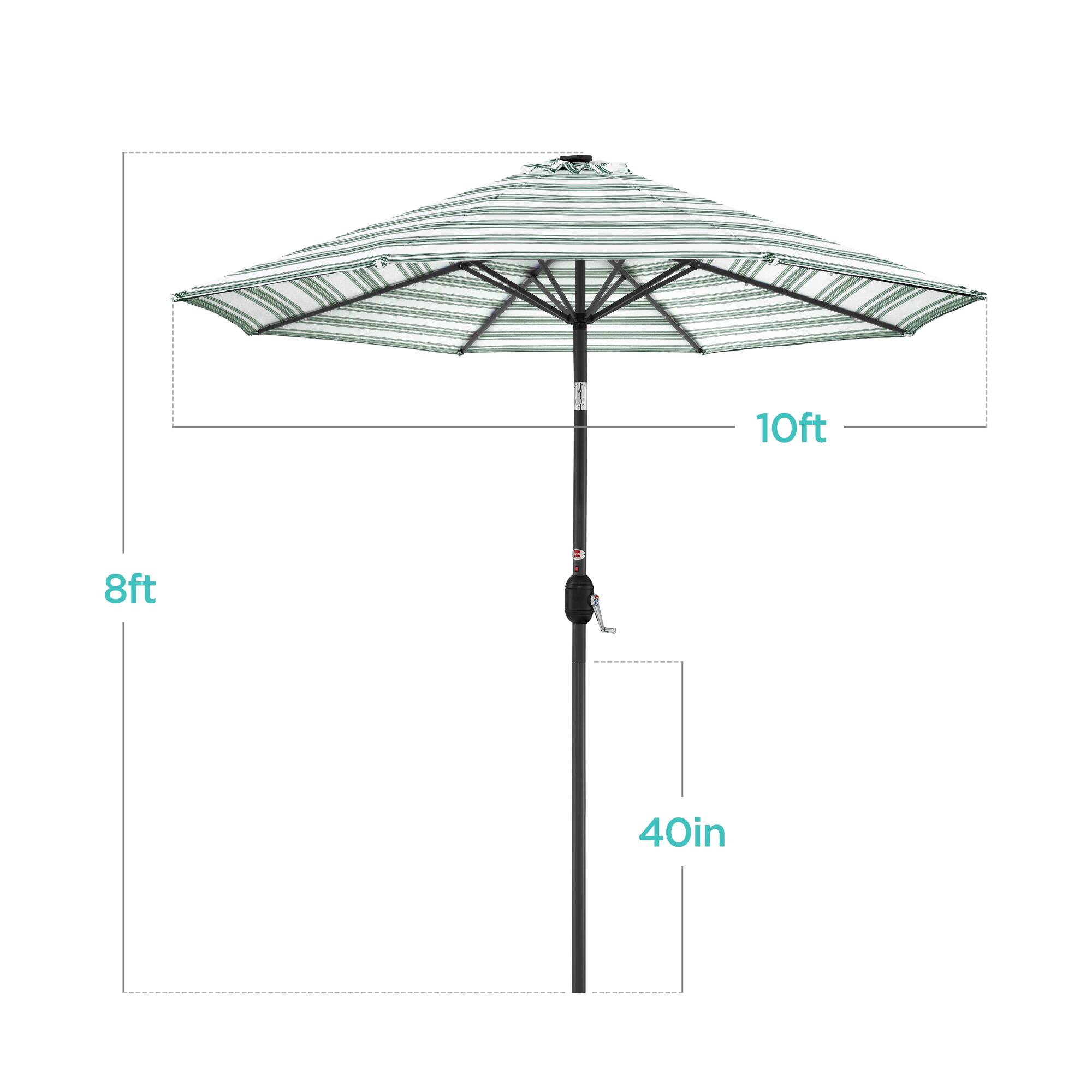 The dimensions of the umbrella are as follows:

- Diameter: 10 feet
- Height: 8 feet
- Shaft width: 40 inches