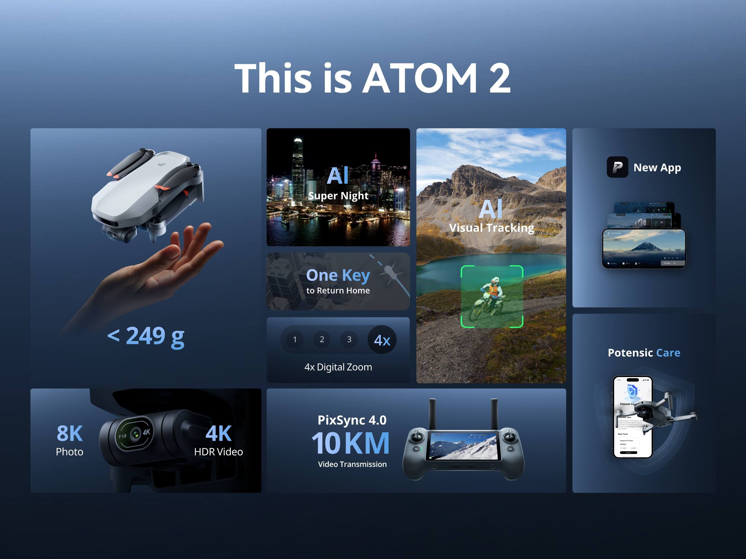 This is ATOM 2

- AI Super Night
- AI Visual Tracking
- One Key to Return Home
- < 249 g
- 4x Digital Zoom
- 8K Photo
- 4K HDR Video
- PixSync 4.0
- 10 KM Video Transmission
- Potensic Care
- New App
