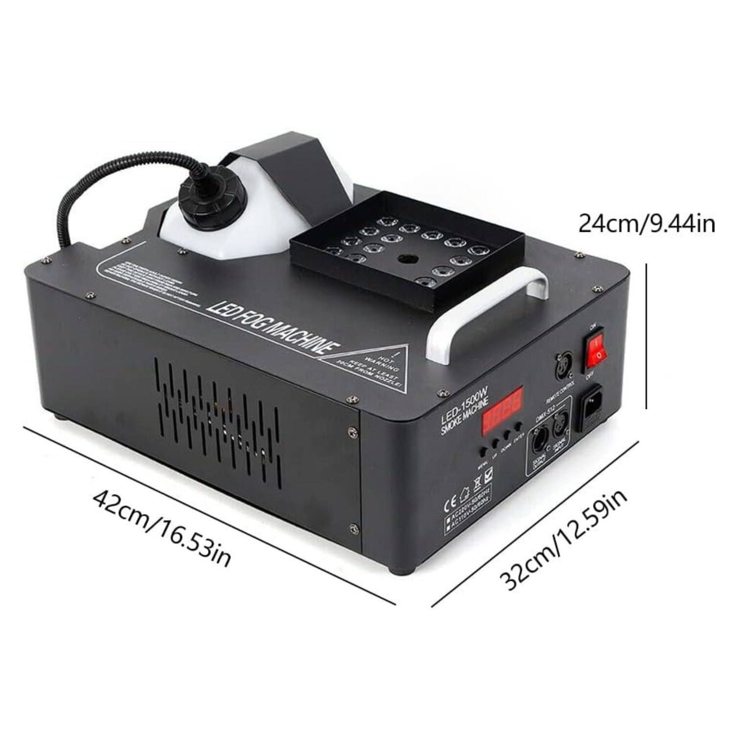 24cm/9.44in  
42cm/16.53in  
32cm/12.59in  

LED FOG MACHINE  
LED-1500W SMOKE MACHINE  

CE  
ROHS  
FCC