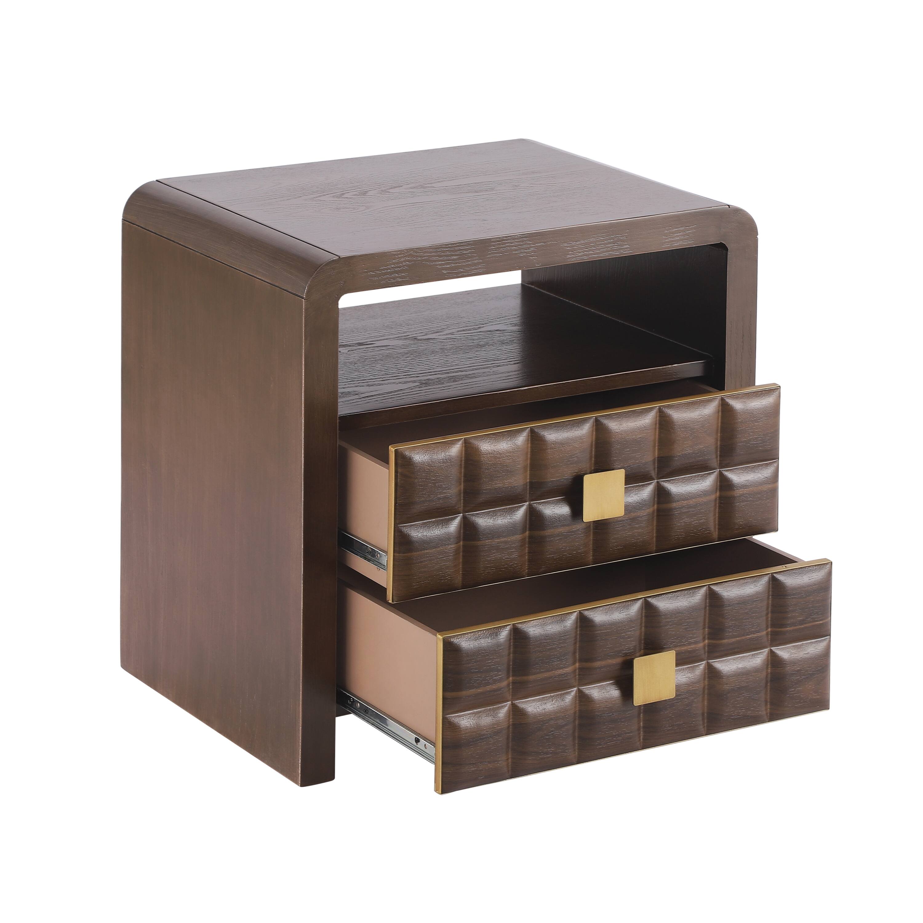 Back. Whisen - 2-Drawer Nightstand with Open Shelf,Fully Assembled Bedside Table with Fluted Design - Walnut.