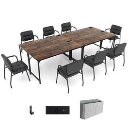 Costway - Set of 4 Meeting Room Desk with Charging Station & Headphone Hook Metal Frame - Rustic Brown,Black