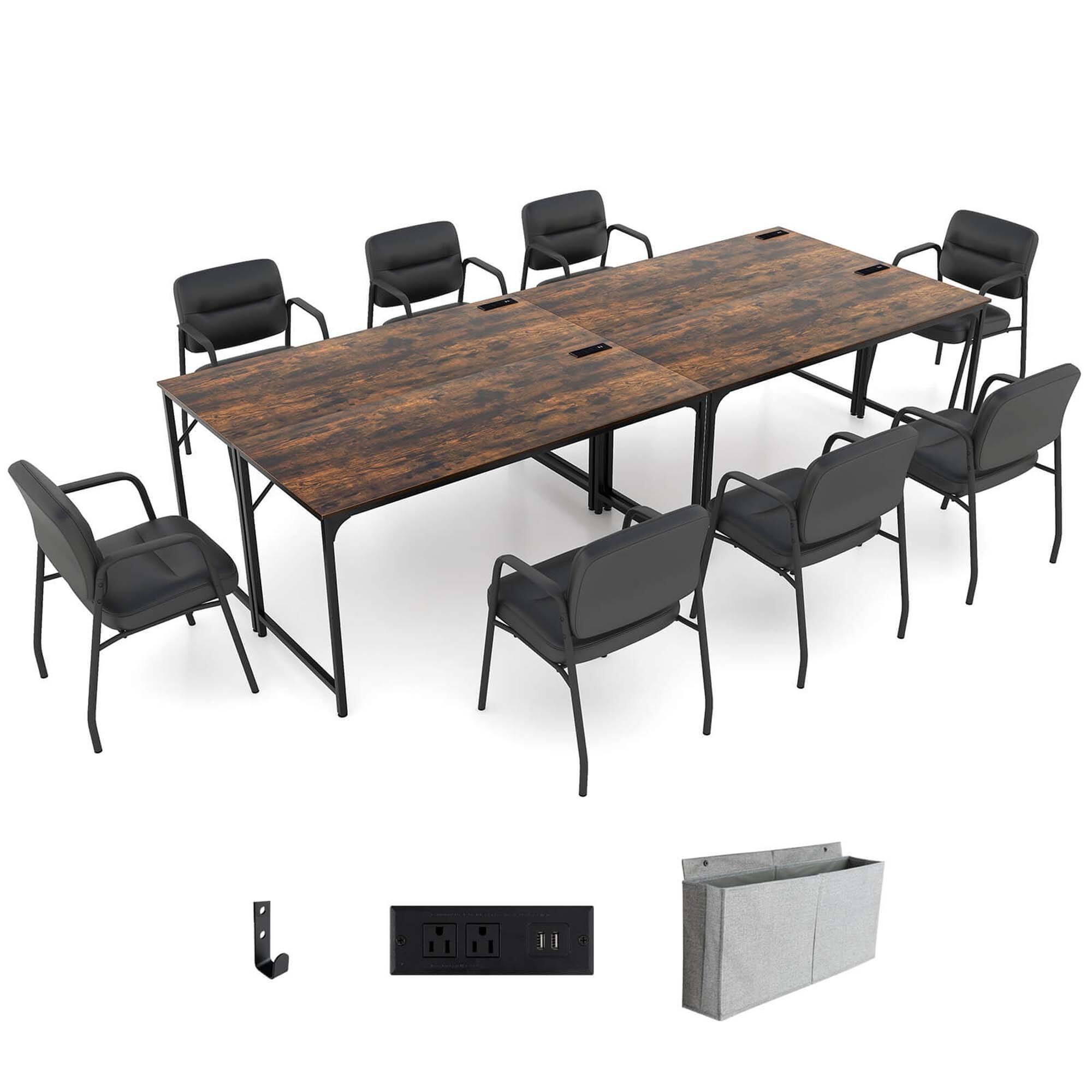 Costway - Set of 4 Meeting Room Desk with Charging Station & Headphone Hook Metal Frame - Rustic Brown,Black