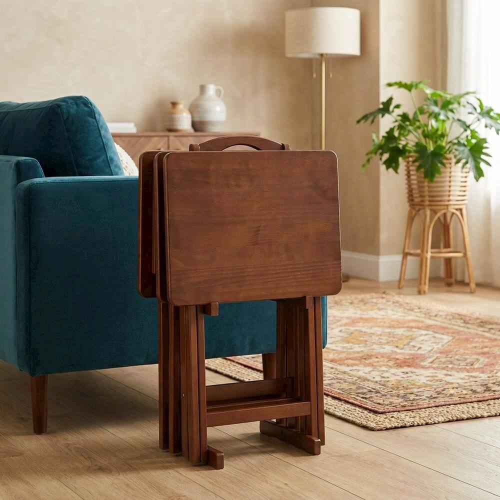 Alt View 3. FurniFact - Solid Wood TV Trays Set Of 4 With Storage Rack in Walnut Finish - Walnut.