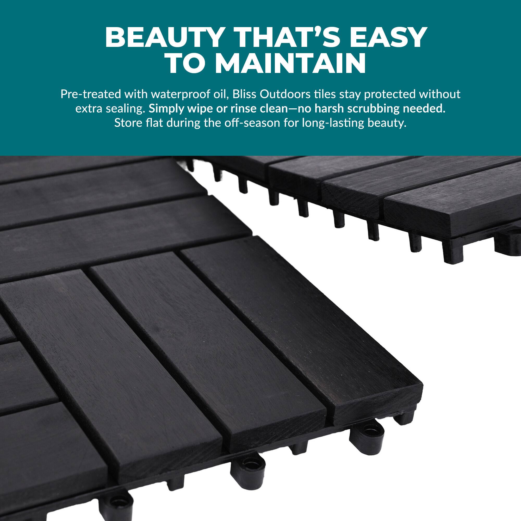 BEAUTY THAT'S EASY TO MAINTAIN

Pre-treated with waterproof oil, Bliss Outdoors tiles stay protected without extra sealing. Simply wipe or rinse clean—no harsh scrubbing needed. Store flat during the off-season for long-lasting beauty.
