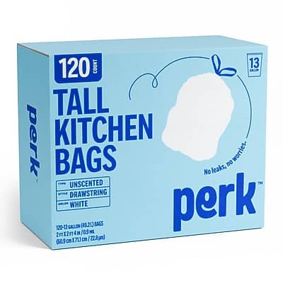 "Perk - 13-Gallon Kitchen Trash Bag, Unscented, 28"" x 24"", Low Density, 0.9 mil, 120 Bags/Box - White" price history on PriceWatchPro