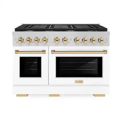 Front. ZLINE - 48 in. Wide 8 Burner Autograph Paramount Double Oven Dual Fuel Freestanding Range with White and Gold Accents - White.